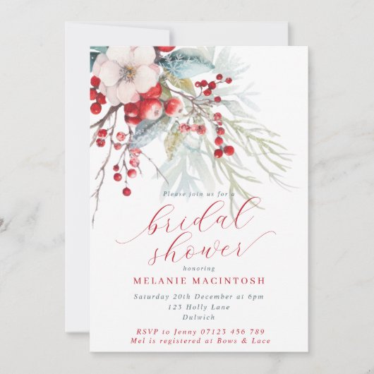 Winter Berries & Foliage Red & Green Brautparty Einladung (Vorderseite)