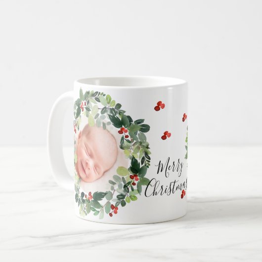 Winter Berries Frohe Weihnachts Custom Foto Kaffeetasse (Vorderseite Links)