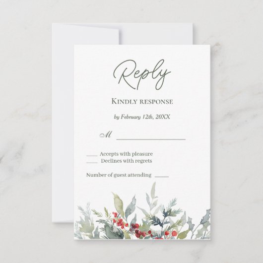 Winter Berries Green Foliage Reply RSVP Karte (Vorderseite)