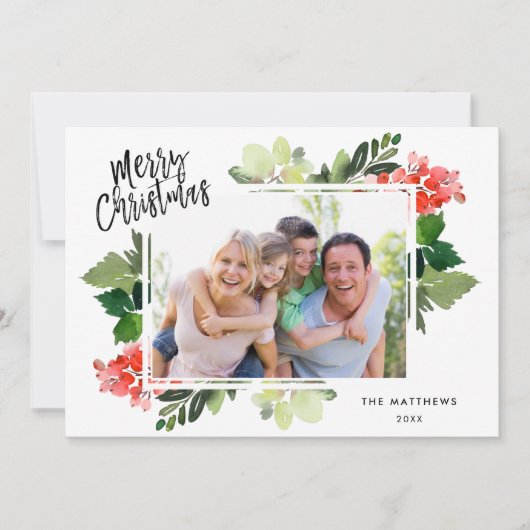 Winter Berries Green Frame Foto Weihnachtskarte (Vorderseite)