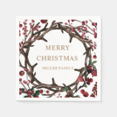 Winter Berries Holiday Wreath Frohe Weihnachten Serviette (Vorderseite)