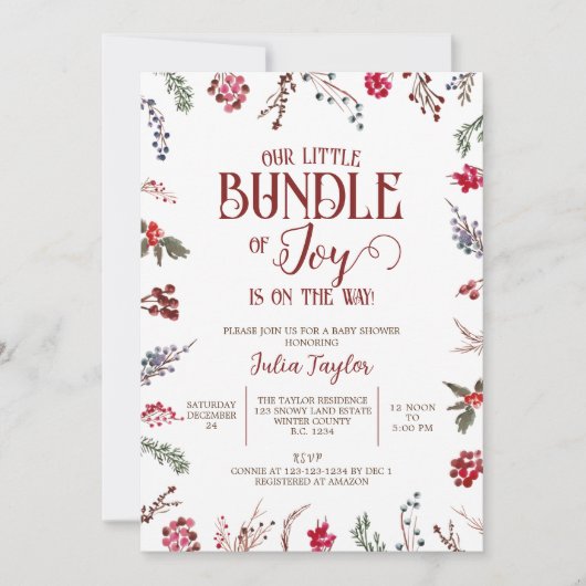 Winter Berries & Holly Baby Dusche, Kleines Paket Einladung (Vorderseite)