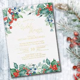 Winter Berries Holly Watercolor Brautparty Gold Folieneinladung