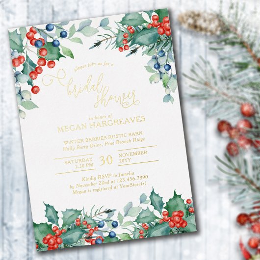 Winter Berries Holly Watercolor Brautparty Gold Folieneinladung