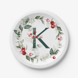 Winter Berries Monogram K Paper Plate Pappteller