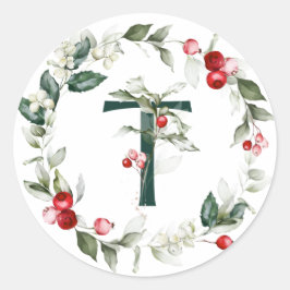 Winter Berries Monogram T Small Round Labels Runder Aufkleber