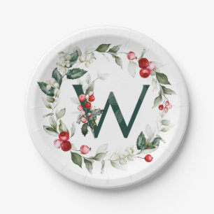 Winter Berries Monogram W Paper Plate Pappteller