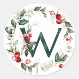 Winter Berries Monogram W Small Round Labels Runder Aufkleber