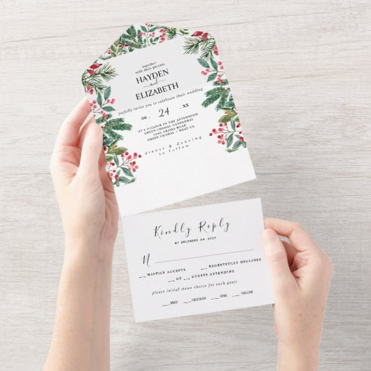 Winter Berries Pine Cone Grüne Hochzeit All In One Einladung (Abreißen)