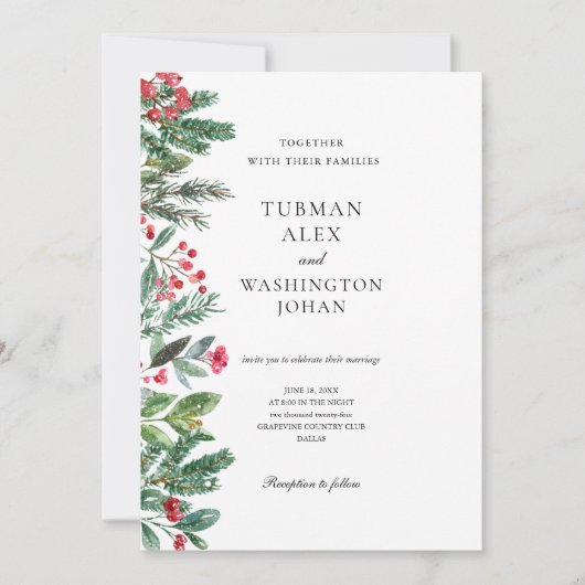 Winter Berries Pine Cone Grüne Hochzeit Einladung (Vorderseite)