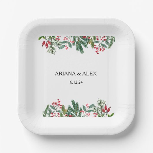 Winter Berries Pine Cone Grüne Hochzeit Pappteller (Vorderseite)