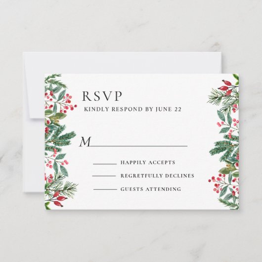 Winter Berries Pine Cone Grüne Hochzeit RSVP Karte (Vorderseite)