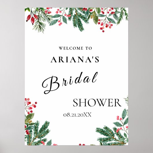 Winter Berries Pine Cone Grüne Hochzeit Zeichen Poster (Vorne)