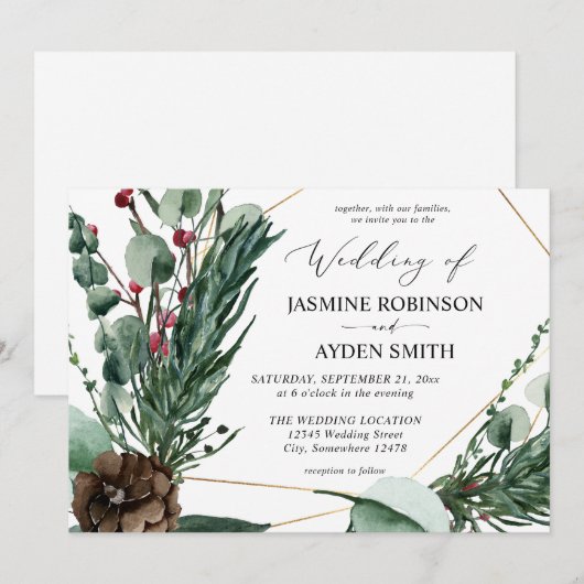 Winter Berries & Pine Greenerity Wedding 2 Einladung (Vorne/Hinten)