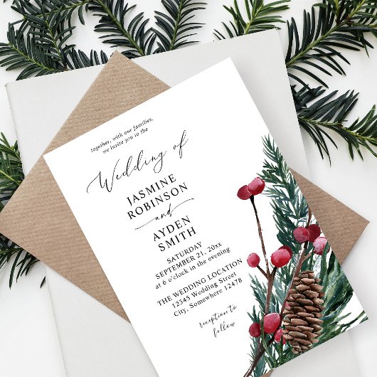 Winter Berries & Pine Greenerity Wedding Einladung