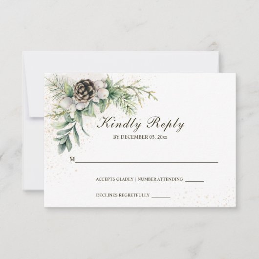 Winter Berries Pine Greenerity Wedding RSVP Karte (Vorderseite)