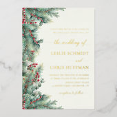 Winter Berries & Pine Weinkeller Hochzeit Folieneinladung (Vorderseite)