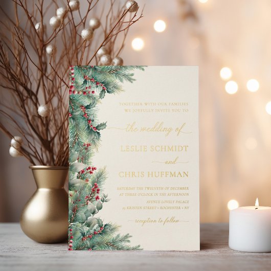 Winter Berries & Pine Weinkeller Hochzeit Folieneinladung