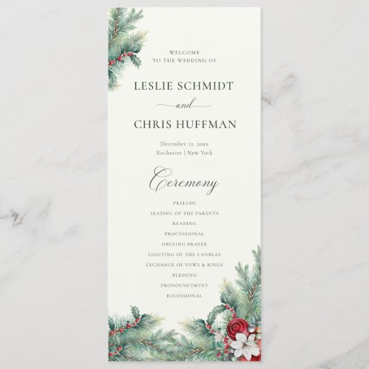 Winter Berries & Pine Weinkeller Hochzeit Programm (Vorderseite)