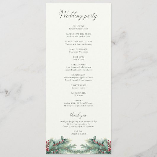 Winter Berries & Pine Weinkeller Hochzeit Programm (Rückseite)