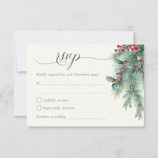 Winter Berries & Pine Weinkeller Hochzeit RSVP Karte (Vorderseite)