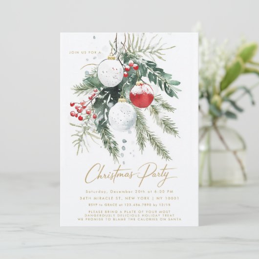 Winter Berries Red White Ornaments Weihnachtsfest Einladung (Stehend Vorderseite)