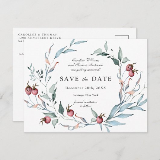 Winter Berries Wasserfarbe Botanisch Save the Date Postkarte (Vorne/Hinten)