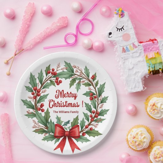 Winter Berries Wreath Red Bow Pappteller (Party)