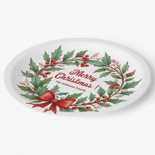 Winter Berries Wreath Red Bow Pappteller (Schrägansicht)