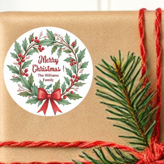 Winter Berries Wreath Red Bow Runder Aufkleber