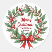 Winter Berries Wreath Red Bow Runder Aufkleber (Vorderseite)