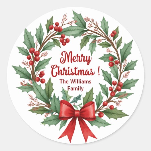 Winter Berries Wreath Red Bow Runder Aufkleber (Vorderseite)