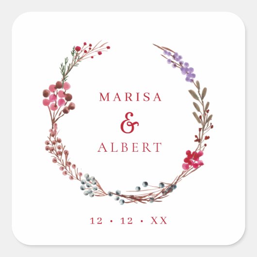 Winter Berries Wreath Wedding Quadratischer Aufkleber (Vorderseite)
