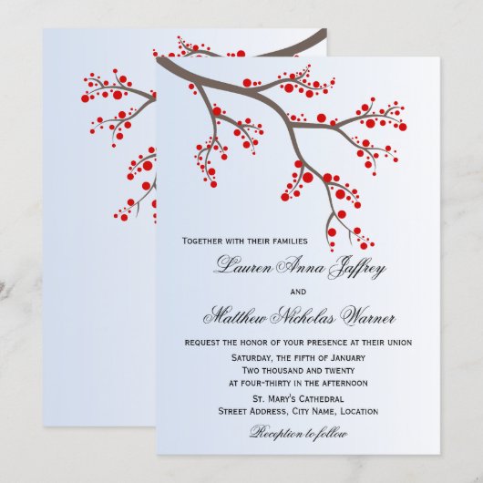 Winter Berry Branch Wedding Einladung (Vorne/Hinten)
