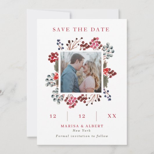 Winter Berry Frame Wedding Foto Save the Date (Vorderseite)
