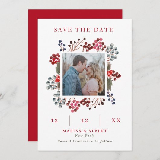 Winter Berry Frame Wedding Foto Save the Date (Vorne/Hinten)