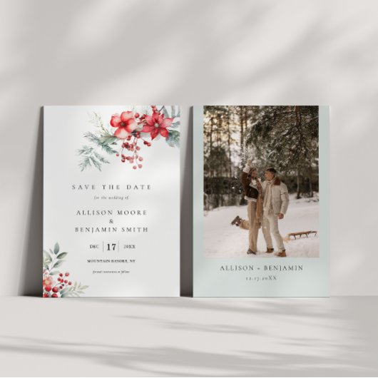Winter Berry Poinsettia Save the Date Card Einladung