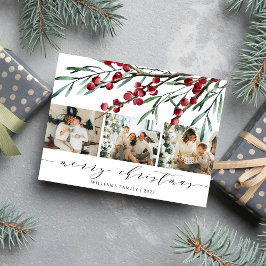 Winter Berry Script Christmas Drei Foto Feiertagspostkarte