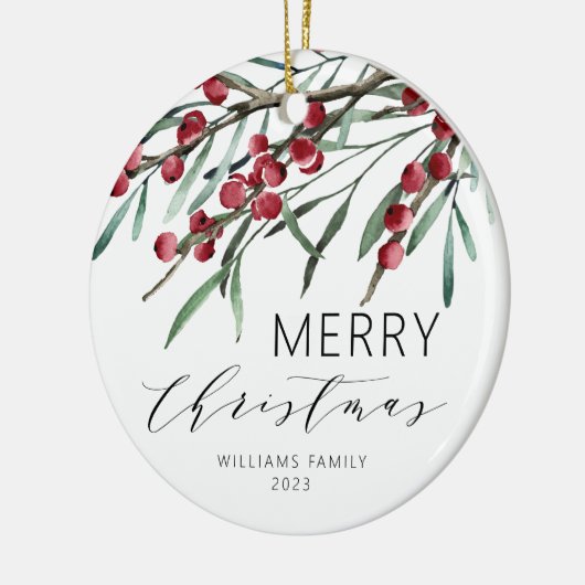 Winter Berry Script Frohe Weihnachtsferien Keramik Ornament (Links)