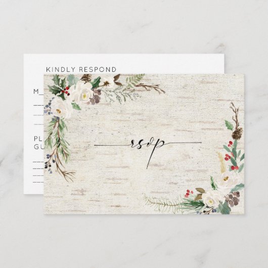 Winter Birch Calligraphy Botanicals Wedding RSVP Einladung (Vorne/Hinten)