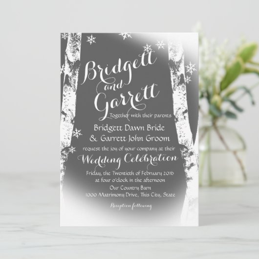 Winter Birch Trees Design Wedding Einladung (Stehend Vorderseite)