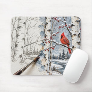 Winter-Birch und Roter Kardinal-Impasto-Malerei Mousepad