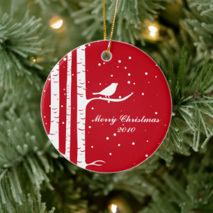 Winter Birch und Vogel Keramik Ornament