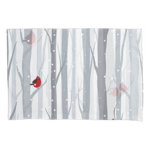 Winter Birches: Graubäume, Rote Vögel Kissenbezug
