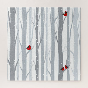 Winter Birches: Graubäume, Rote Vögel Puzzle