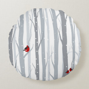 Winter Birches: Graubäume, Rote Vögel Rundes Kissen