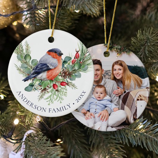 Winter Bird Christmas Bullfinch Family Photo  Keramik Ornament