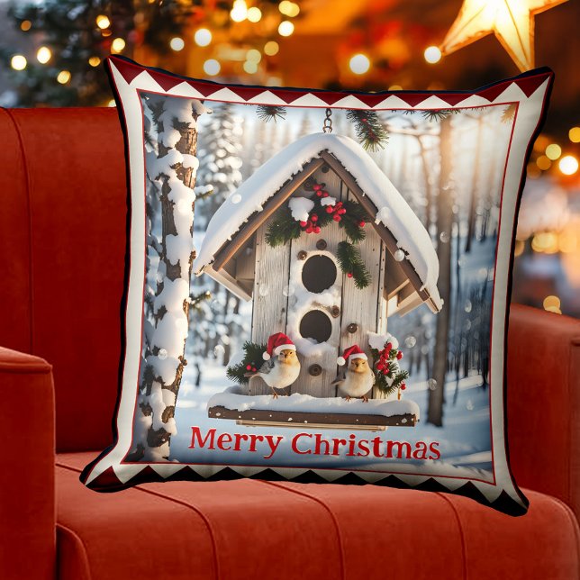 Winter Bird House Christmas Animal Art Kissen (Christmas pillow featuring a cute painting of a winter bird house in a snow covered forest)