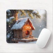 Winter Birdhouse mit Neon Open Sign Mousepad (Mit Mouse)