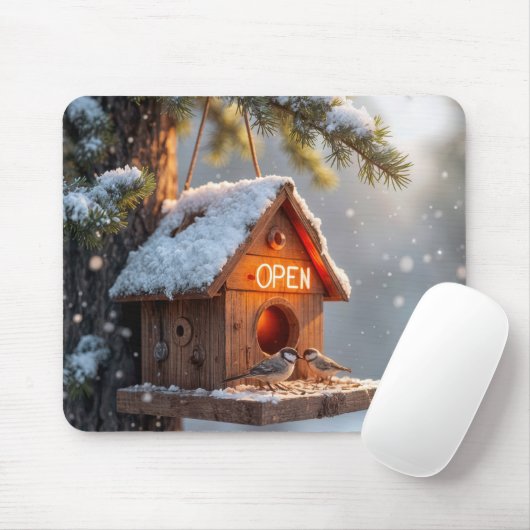 Winter Birdhouse mit Neon Open Sign Mousepad (Mit Mouse)